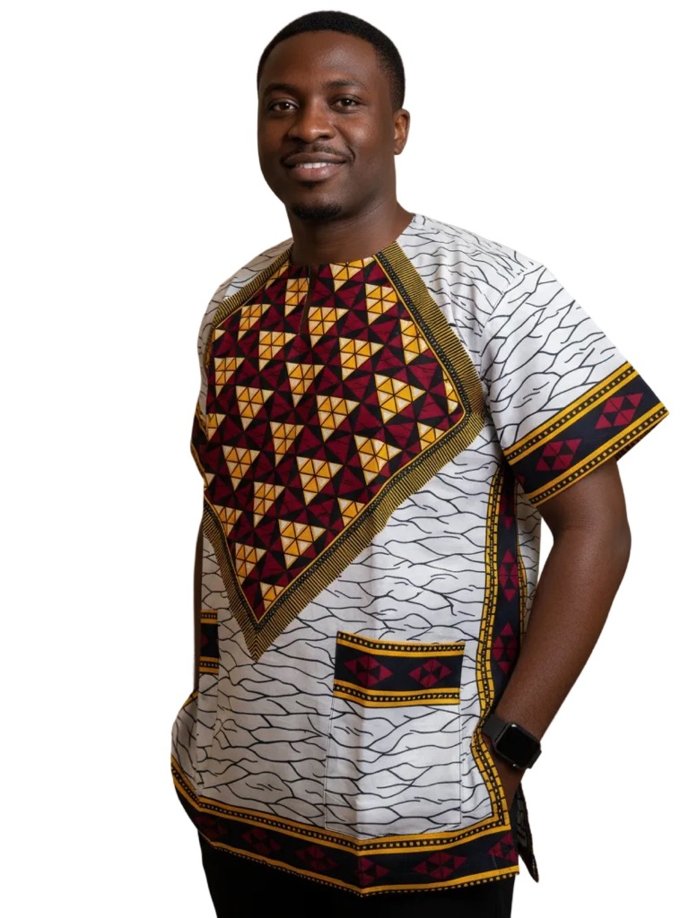 Men's White African Print Danahiki Short-Sleeve  with Burgundy & Gold Pattern